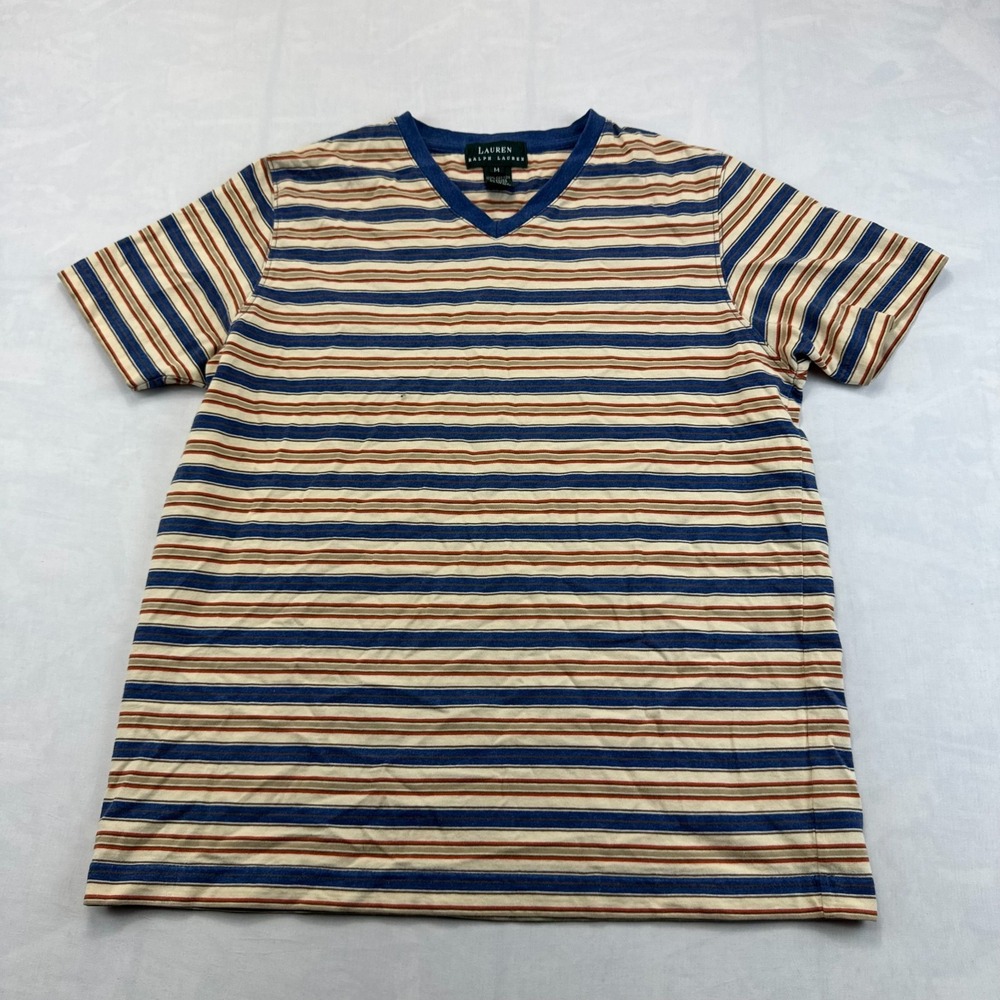 Lauren Ralph Lauren T-Shirt Womens M Multi Striped Short Sleeve V-Neck Pullover